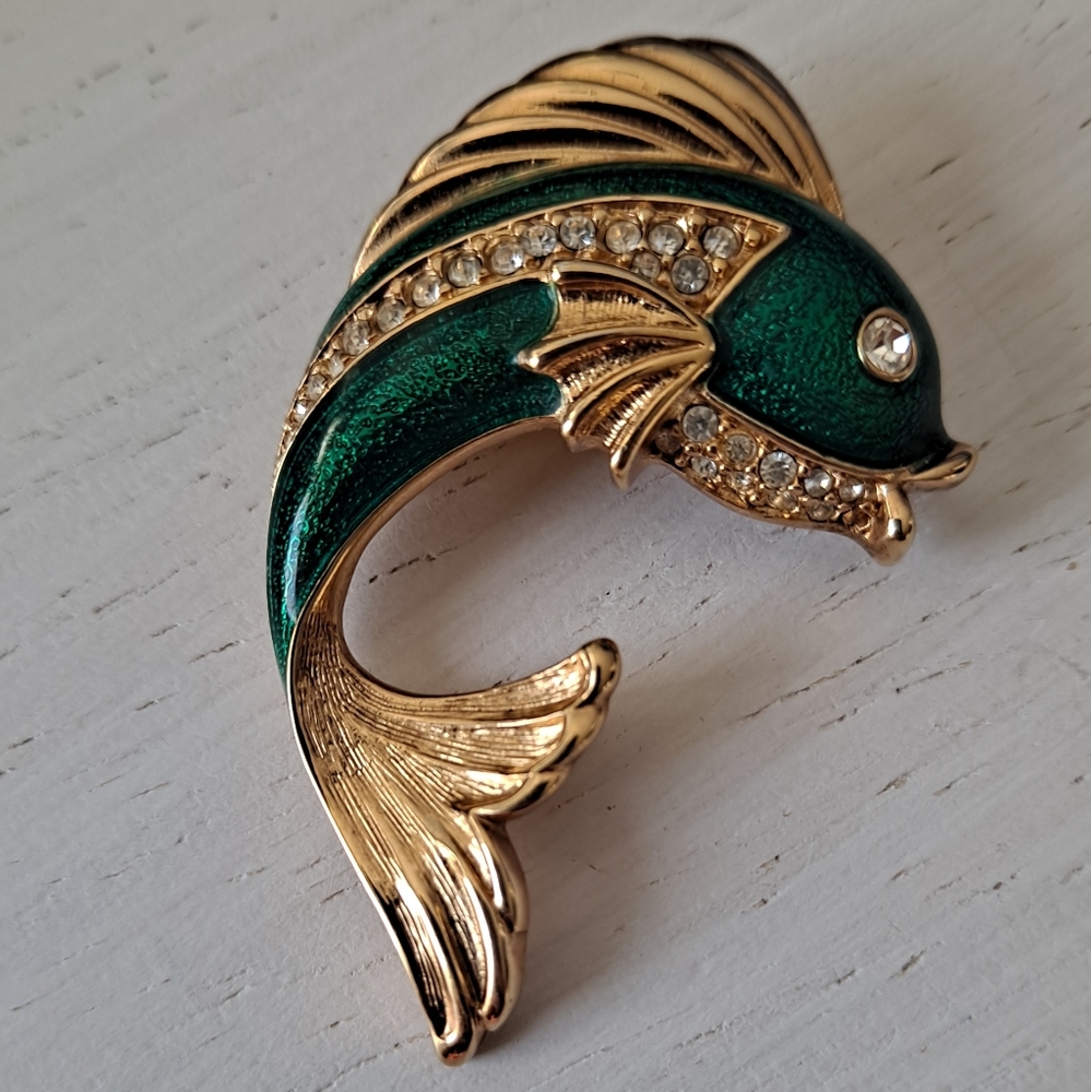Swarovski Fish Brooch Pin, Green Enamel Gold Tone.